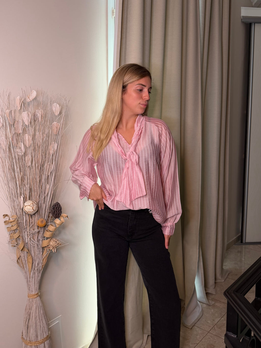 Blouse rose rayée à col lavallière 🎀