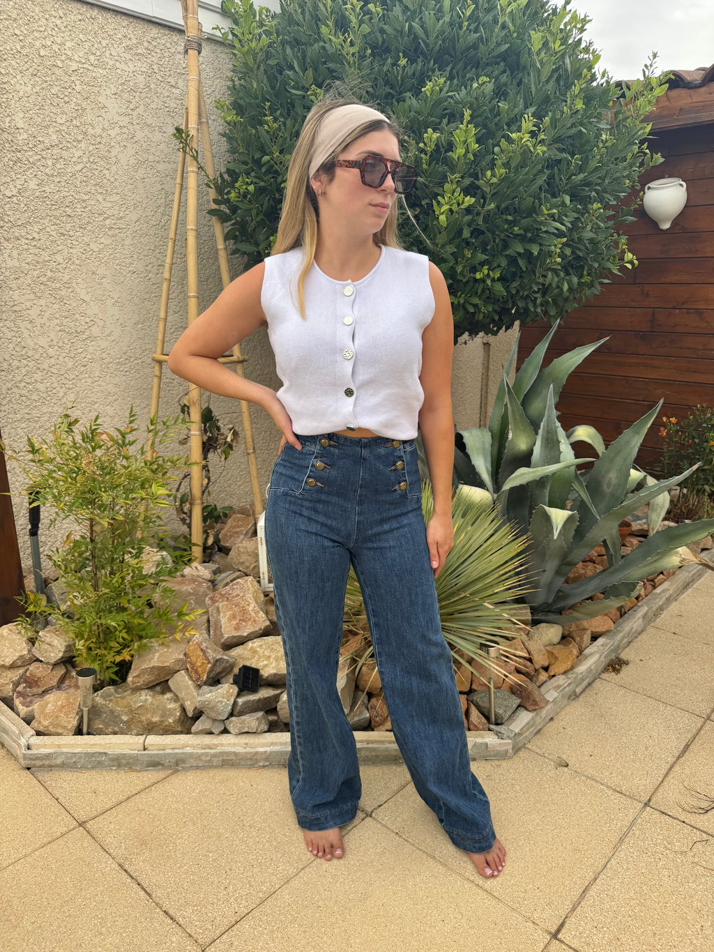 Jean Wide Taille Haute Boutons Dorés