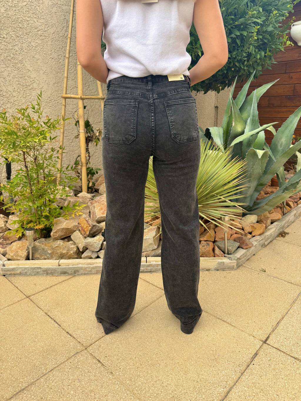 Jean Wide Taille Haute Noir Délavé